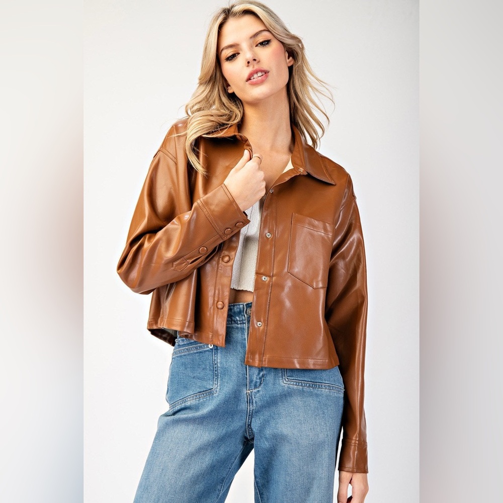 Cropped Faux Leather Collared Jacket - eesome